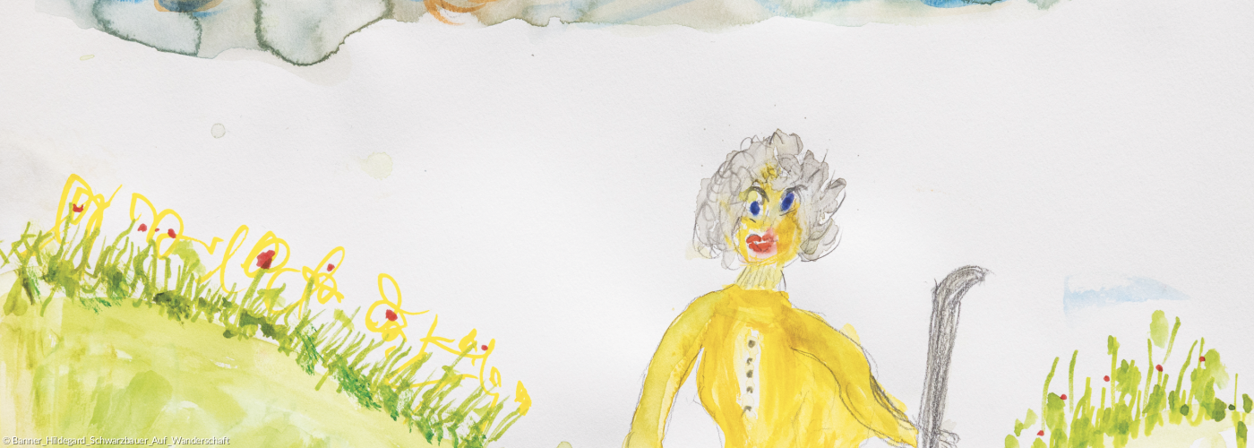 Aquarell Frau mit Hirtenstab zwischen Grashügeln