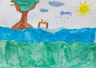 "Hoffnung und Kraft", Baum mit Altar darunter, Wasserfarben, 